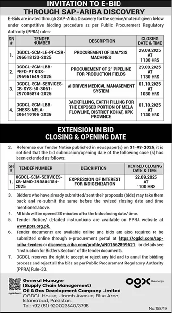 Oil & Gas Development Company Limited Islamabad Tender Notice